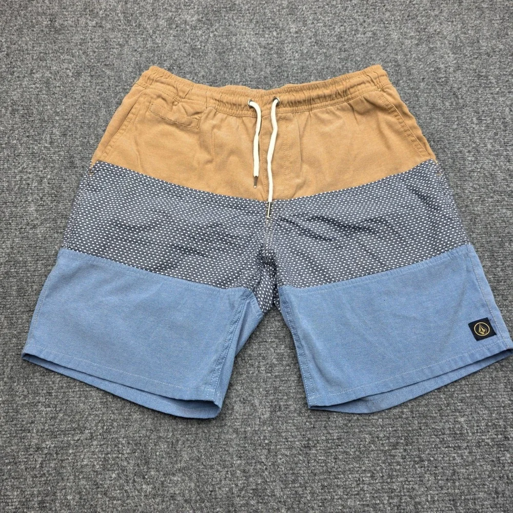 Volcom‎ Threezy Mens Shorts Sz Medium Colorblock Polka Dot Blue Brown Surf Skate